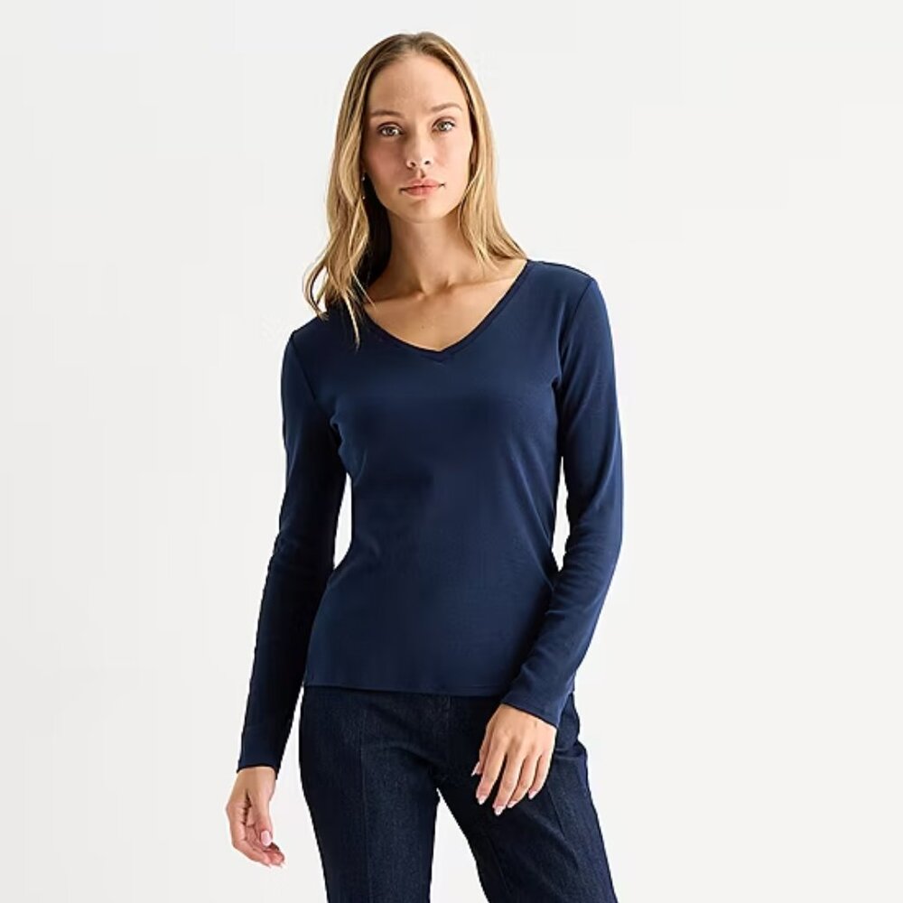 NWT Liz Claiborne Women’s V-Neck Long Sleeve, XXL, Dark Blue
